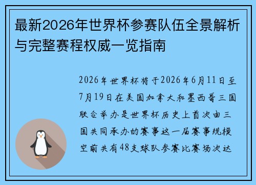 最新2026年世界杯参赛队伍全景解析与完整赛程权威一览指南